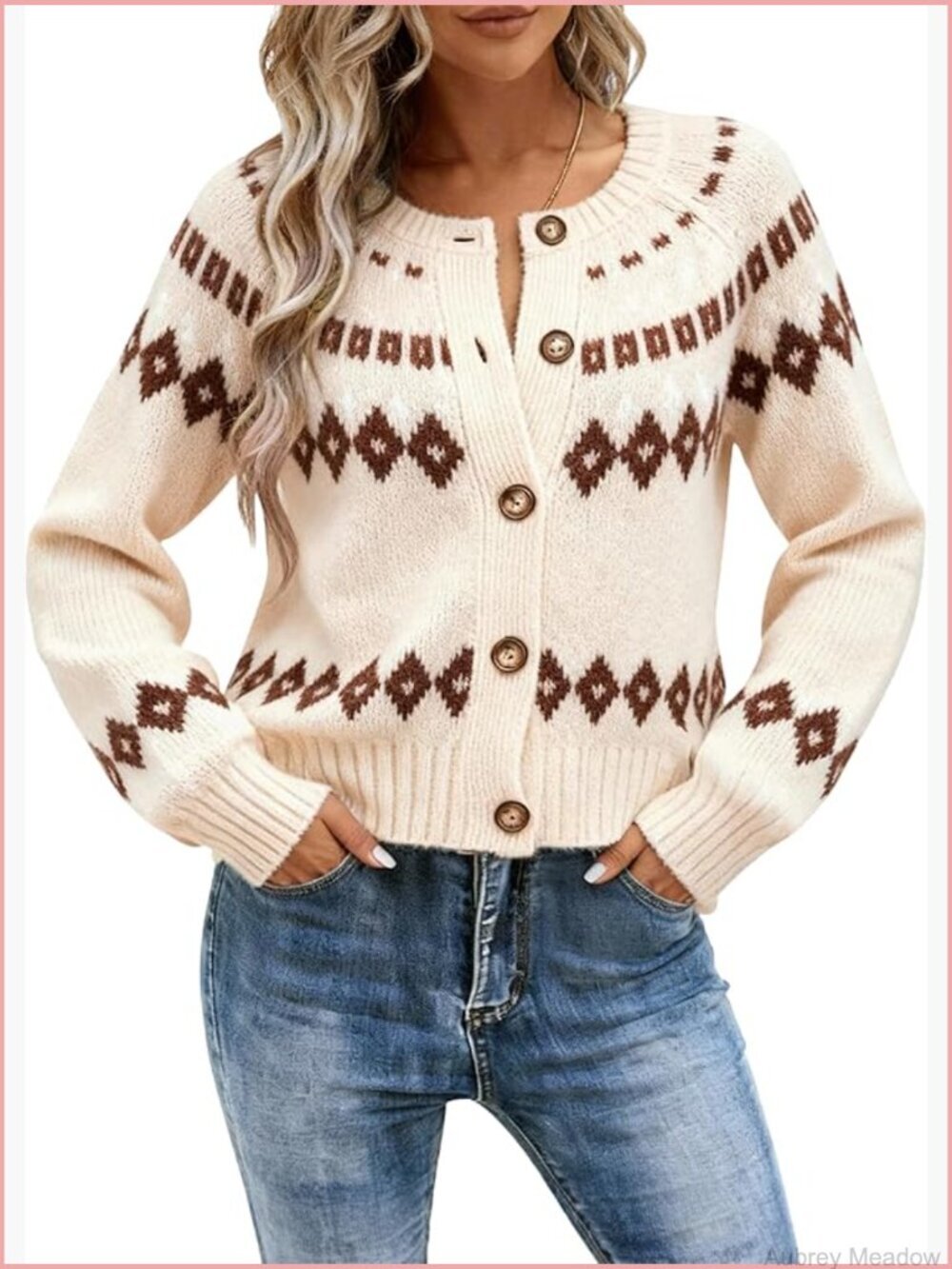 Fair Isle Cropped Cardigan Crew Neck Button Up Long Sleeve Acrylic Nylon Alpaca